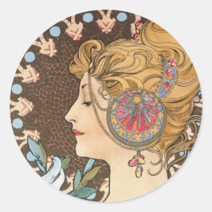 Adesivo Redondo Pena por Alphonse Mucha - arte Nouveau do vintage
