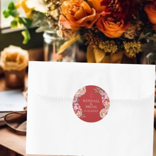 Adesivo Redondo Pena Vermelha Brilhante de Casamento Chinês (Criador carregado)