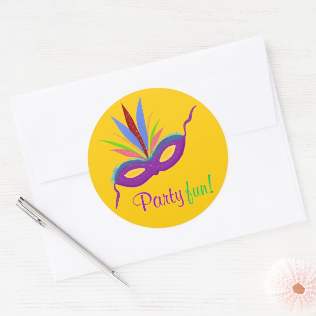 Adesivo Redondo Penas com máscara púrpura Mardi Gras Party Orange (Envelope)