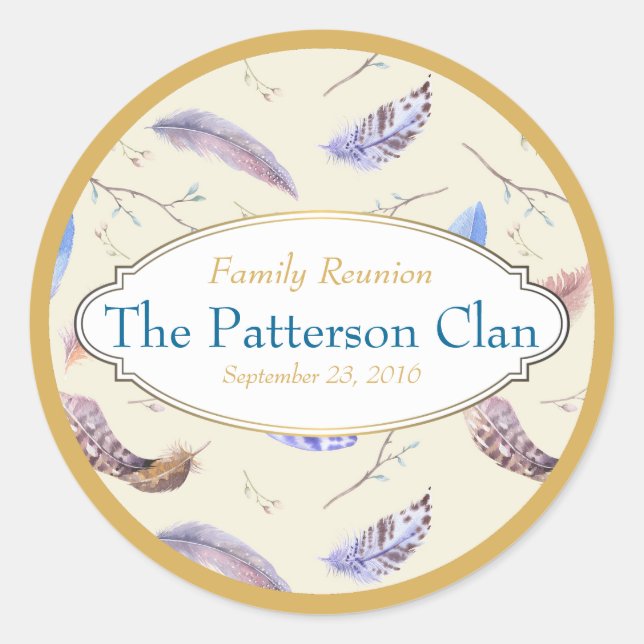 Adesivo Redondo Penas de Aquarela com uma Reunião de Frame de Rico (Frente)