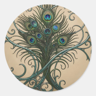 Adesivo Redondo Penas de Pavão Arte Nova Moldura Azul Ornada