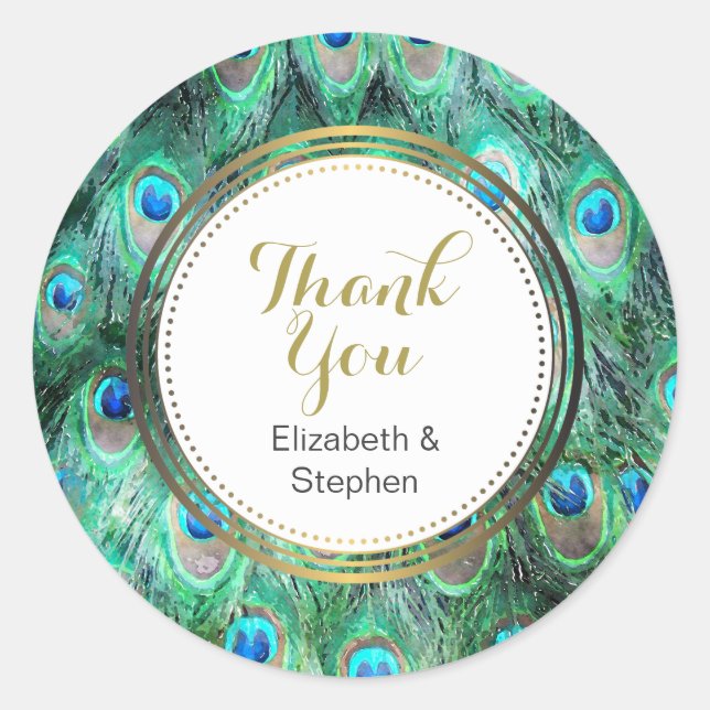 Adesivo Redondo Penas de Peacock Exóticas Vias Aquáticas Agradeço (Frente)