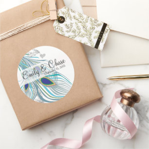 Adesivo Redondo Penas do pavão do cinza 3 do Aqua que Wedding a