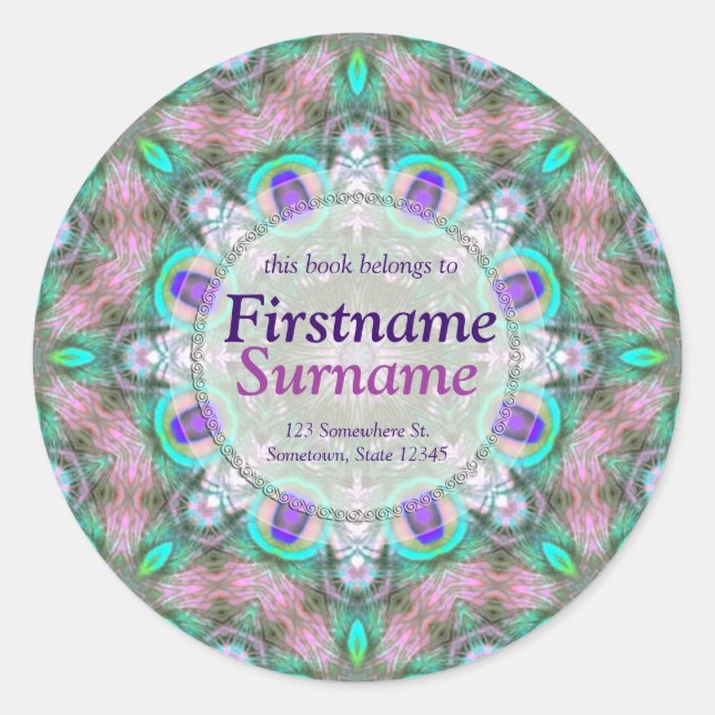 Adesivo Redondo Penas Geométricas de Penas de Peacock (Frente)