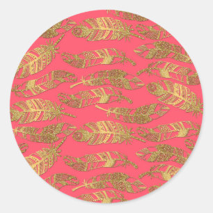 Adesivo Redondo Penas tribais de glitter dourado de moda branca