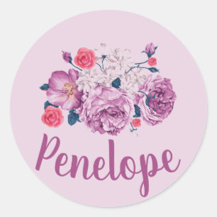 Adesivo Redondo Penelope Nome Floral Personalizado Vintage Menina