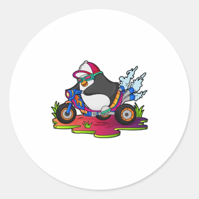 Adesivo Redondo Penguin as Biker with Motorcycle (Frente)