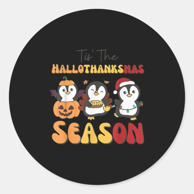 Adesivo Redondo Penguin Christmas Halloween Tis' The Hallothanksma (Frente)