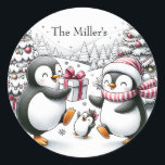 Adesivo Redondo Penguin Christmas Sticker Personalizado<br><div class="desc">Esta feliz família de pinguins está feliz em mostrar seu alegre aplauso de feriado para você.</div>