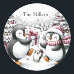 Adesivo Redondo Penguin Christmas Sticker Personalizado<br><div class="desc">Esta feliz família de pinguins está feliz em mostrar seu alegre aplauso de feriado para você.</div>