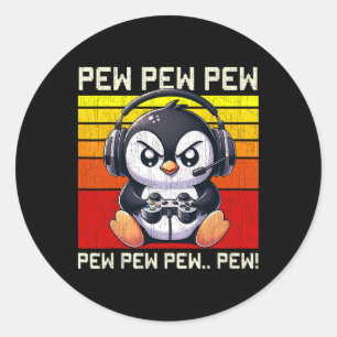 Adesivo Redondo Penguin Gamer Pew Funny Videos games Vintage Boys