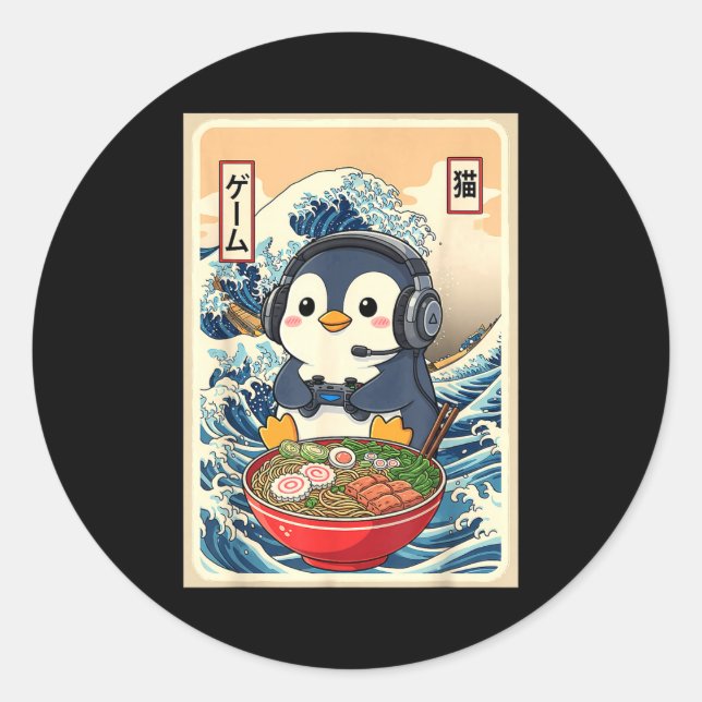 Adesivo Redondo Penguin Kawaii Japanese Ramen Noodle Retro Gaming  (Frente)