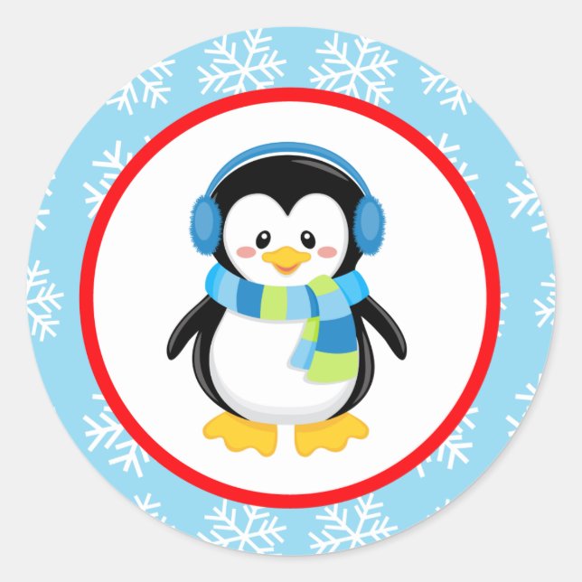Adesivo Redondo Penguin Winter Snowflakers (Frente)
