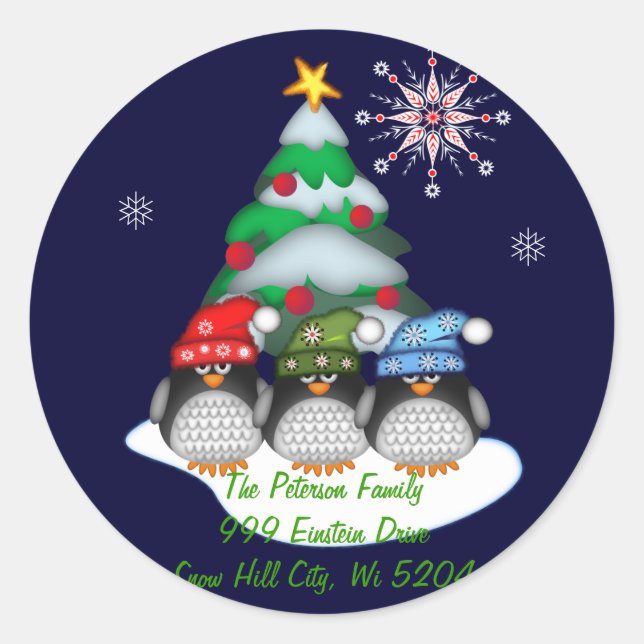 Adesivo Redondo Penguins de Cubo Endereço Autocolante personalizad (Frente)