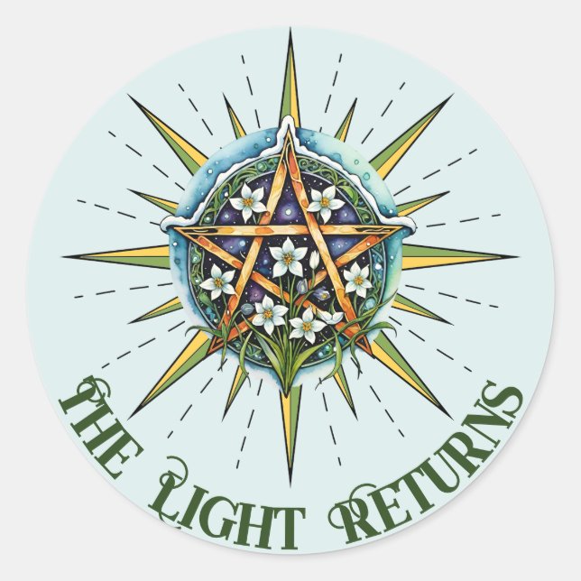 Adesivo Redondo Pentáculo do Wiccan Imbolc Sunshine Snowrops (Frente)