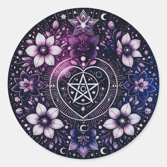 Adesivo Redondo Pentagrama Celestial com Flores (Frente)