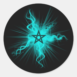Adesivo Redondo Pentagrama de Neon Azul - Símbolo Pagan