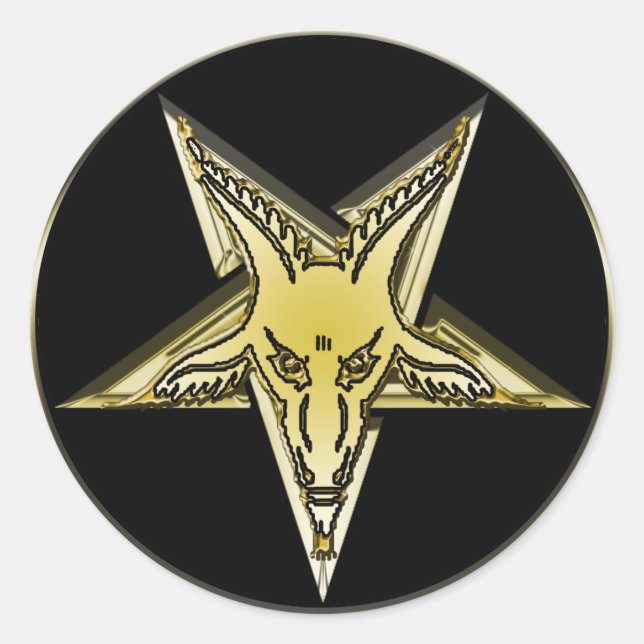 Adesivo Redondo Pentagrama invertido com cabeça de Ouro (Frente)