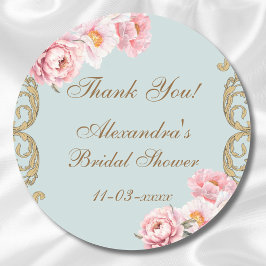 Adesivo Redondo Peônia Azul Empoeirado Antigo Bridal Shower Agrade