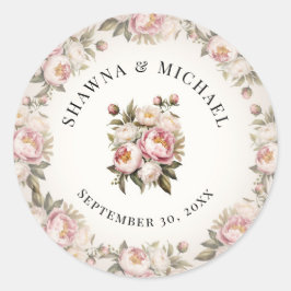 Adesivo Redondo Peônia Elegante Rosa Floral Aquarela Casamento