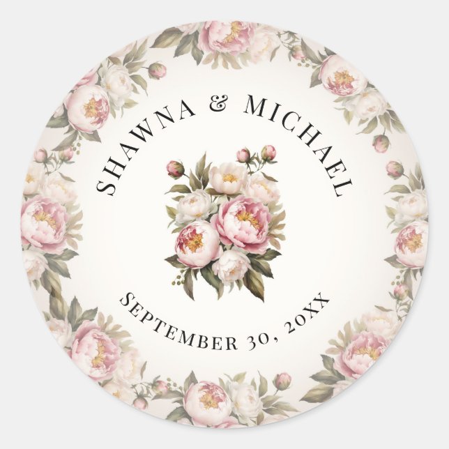 Adesivo Redondo Peônia Elegante Rosa Floral Aquarela Casamento (Frente)
