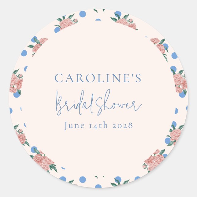 Adesivo Redondo Peônia Floral Retro Pontos Azuis Noivado Personali (Frente)