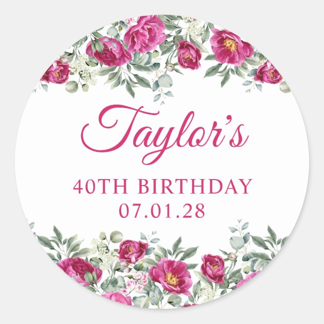 Adesivo Redondo Peonias de Aquarela Rosa Quente aniversário de 40  (Frente)