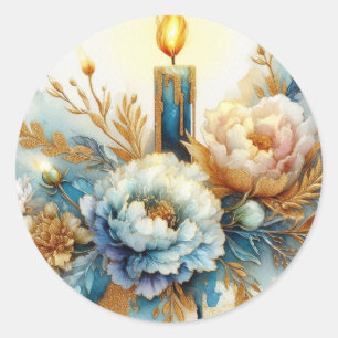 Adesivo Redondo Peônias de vela pastel dourado azul glitter aquare