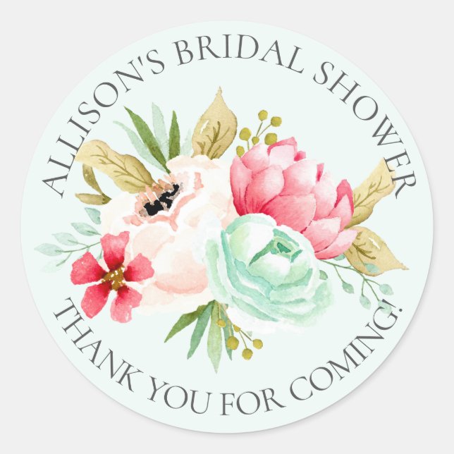 Adesivo Redondo Peonias Floral Bridal Obrigado Chá Sticker (Frente)