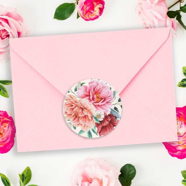 Adesivo Redondo Peônias Rosa Bege Folhas Florais Borgonha (Criador carregado)
