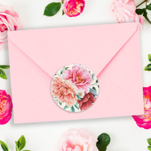 Adesivo Redondo Peônias Rosa Pêssego Folhas Florais Borgonha