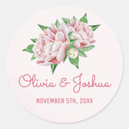 Adesivo Redondo Pêonias Rosa Vinhetas De Casamento Por Aquarela