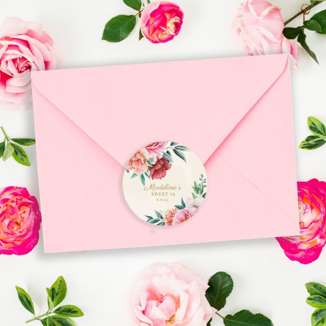 Adesivo Redondo Peônias Rosa Vino Flores Folhas Sweet 16   (Criador carregado)