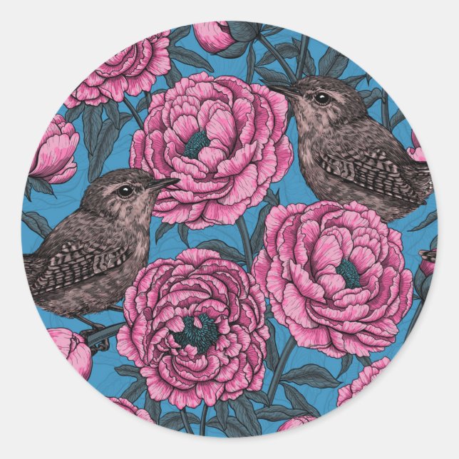 Adesivo Redondo Peonies and wrens on blue (Frente)