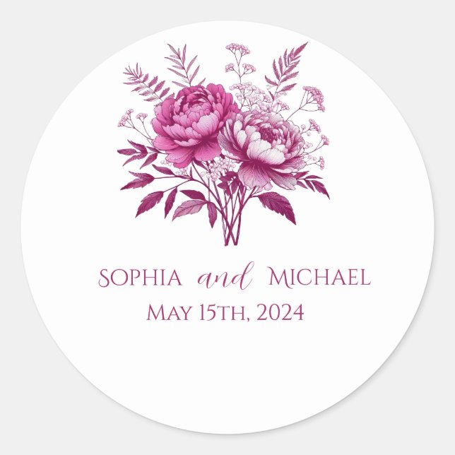 Adesivo Redondo Peony Magenta de Aquarela - Vinhetas De Casamento (Frente)