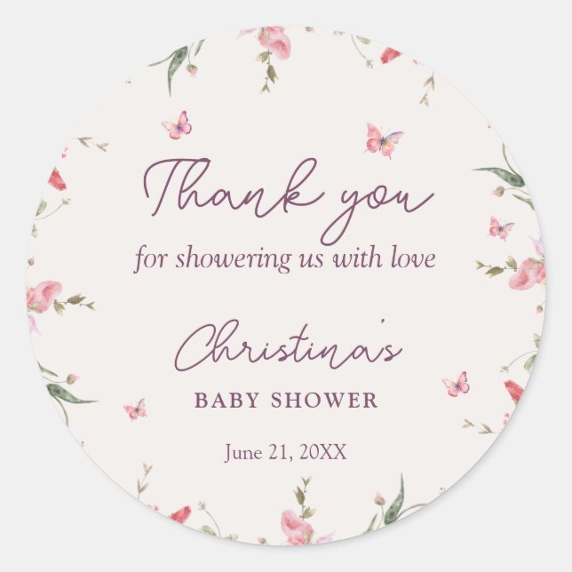 Adesivo Redondo Pequena Borboleta Chá de fraldas Aquarela Obrigado (Frente)