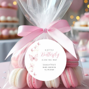 Adesivo Redondo Pequena Borboleta Rosa Chá de fraldas de Aquarela