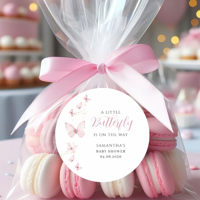 Adesivo Redondo Pequena Borboleta Rosa Chá de fraldas de Aquarela (Criador carregado)