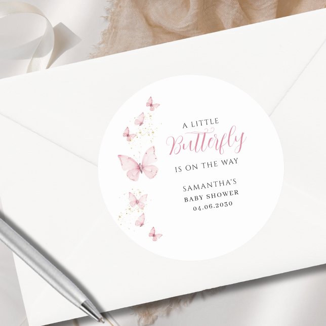 Adesivo Redondo Pequena Borboleta Rosa Chá de fraldas de Aquarela (Criador carregado)