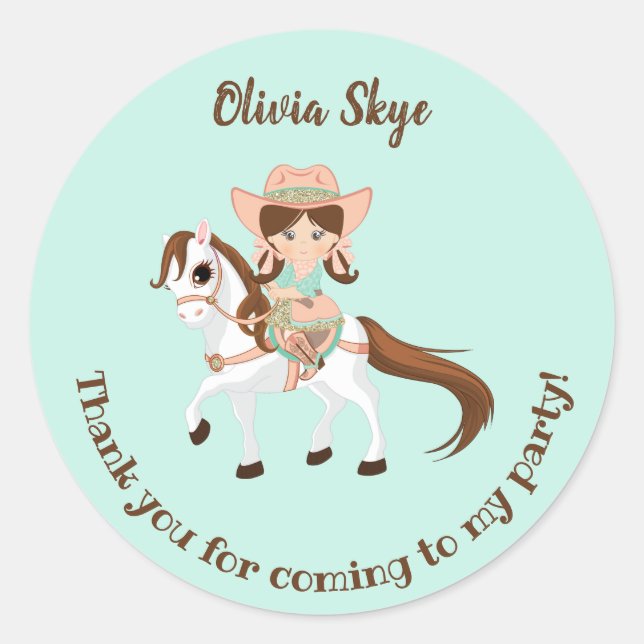 Adesivo Redondo Pequena Cowgirl no Aniversário das Meninas de Cava (Frente)