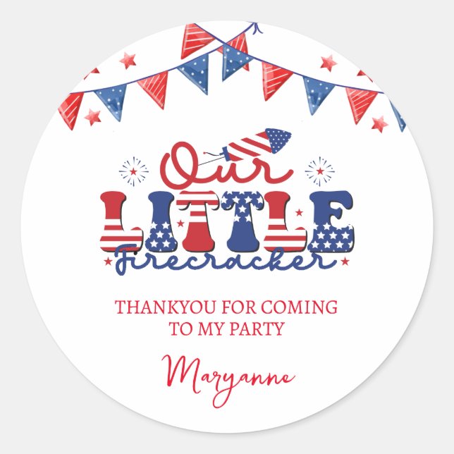 Adesivo Redondo Pequena Festa de aniversário do Firecracker, graça (Frente)