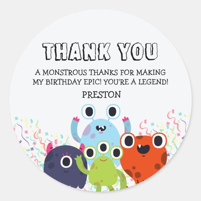 Adesivo Redondo Pequena Festa de aniversário Monstro para todas as (Frente)
