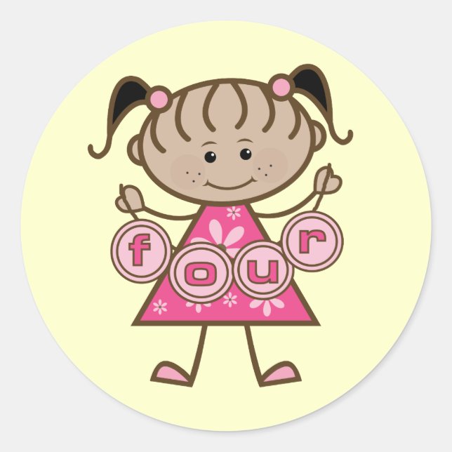 Adesivo Redondo Pequena Garota 4º Aniversário Camisetas e presente (Frente)