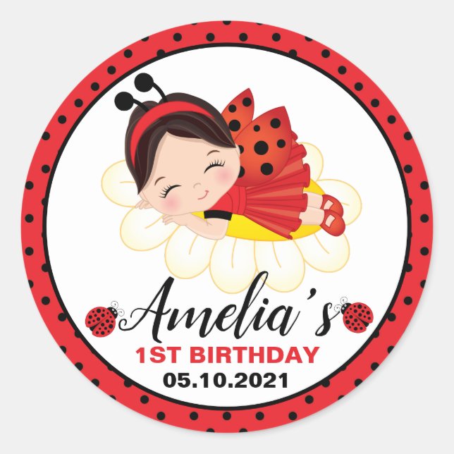 Adesivo Redondo Pequena Garota Ladybug Aniversário Clássico Redond (Frente)