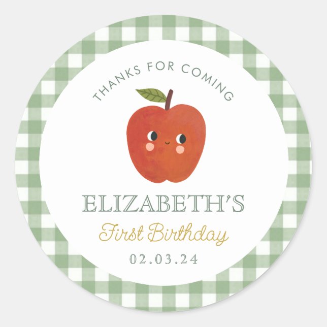 Adesivo Redondo Pequena Maçã Doce Primeiro Aniversário (Frente)