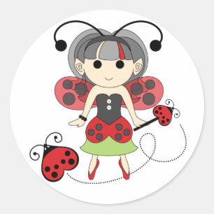 Adesivo Redondo Pequena Menina Ladybug Inseto de Linho
