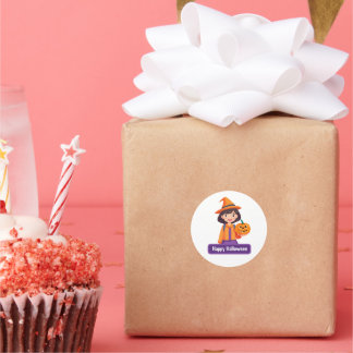 Adesivo Redondo Pequena Menina Pumpkin Trick ou Treine