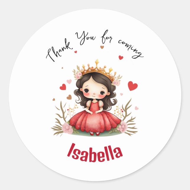 Adesivo Redondo Pequena princesa bonita com vestido vermelho (Frente)