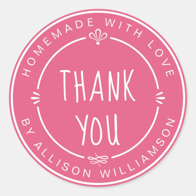 Adesivo Redondo Pequenas Empresas Homemade Obrigado Rosa Quente (Frente)