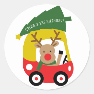 Adesivo Redondo Pequeno Carro Vermelho de Rena Árvore de Natal Fes